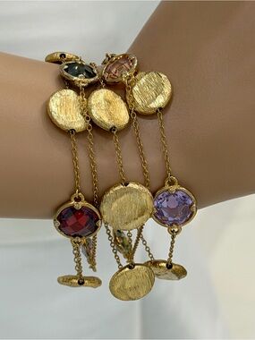 Stunning Goldtone Multi-Strand Colored Crystals/Textured Discs Bracelet